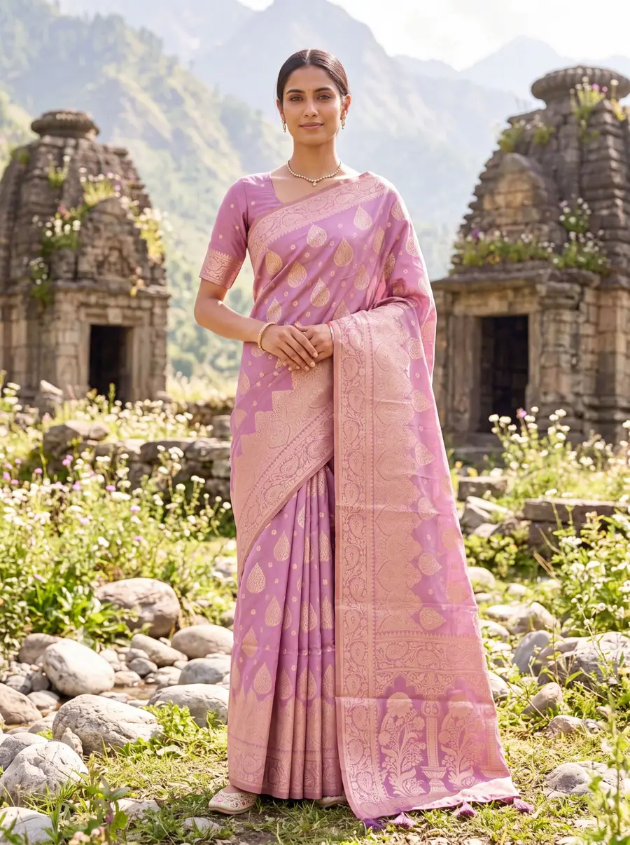 Model in a lilac banarasi saree in front of Himalayan stone temples — made with Drapify