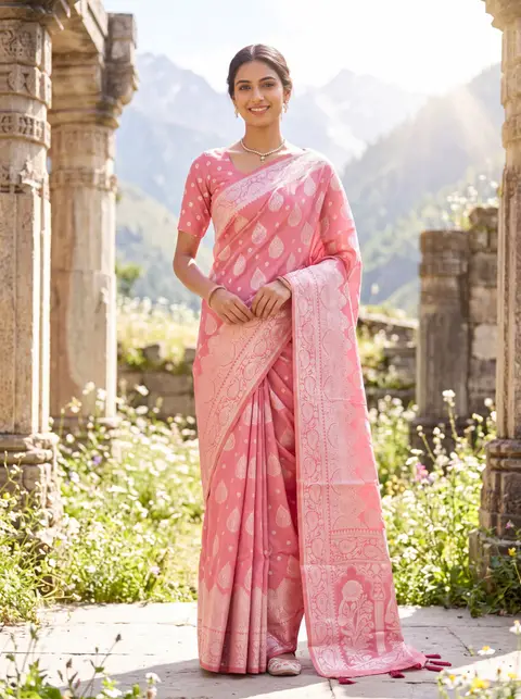 Rose banarasi saree between mountain temple pillars — made with Drapify