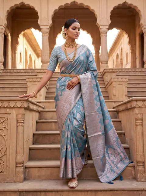 Sky-blue banarasi saree on stepwell stairs — made with Drapify